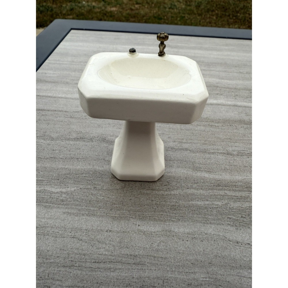 Vintage Dollhouse Miniature White Ivory Ceramic Porcelain Sink With Metal